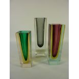 Set of three 1960's graduating Murano square section vases, residue of old label,
