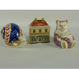 Royal Crown Derby snail paperweight, tiger cub paperweight and a Miniature House Collection 'China