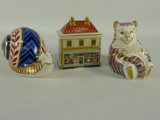 Royal Crown Derby snail paperweight, tiger cub paperweight and a Miniature House Collection 'China