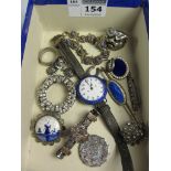 Vintage blue enamel and diamante jewellery, watch,