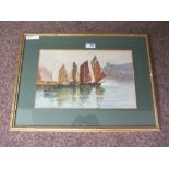 Fishing boats Whitby harbour watercolour signed Frank Rousse (18)93 fl.