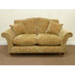 Pair Parker Knoll large two seat sofas, upholstered in gold Nouveau stripe cover,
