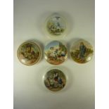 Five Victorian Prattware large pot lids, 'Sorting the Catch', 'A Fix', 'Blue Boy' and two others.