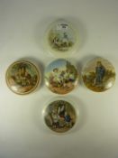 Five Victorian Prattware large pot lids, 'Sorting the Catch', 'A Fix', 'Blue Boy' and two others.