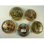 Five Victorian Prattware pot lids, 'A Fix', 'The Best Card', 'A Pair',