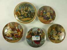 Five Victorian Prattware pot lids, 'A Fix', 'The Best Card', 'A Pair',