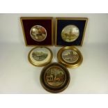 Five framed Victorian Prattware pot lids, 'Contrast', 'Thames Embankment' and three others.