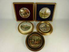 Five framed Victorian Prattware pot lids, 'Contrast', 'Thames Embankment' and three others.