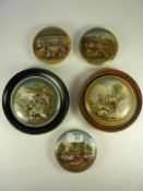 Three Victorian Prattware pot lids depicting Shakespeare's homes and two other framed pot lids
