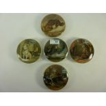 Five Victorian Prattware lids depicting domestic animals including 'High Life' and Low Life'