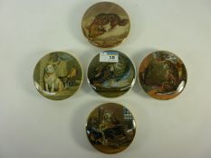 Five Victorian Prattware lids depicting domestic animals including 'High Life' and Low Life'