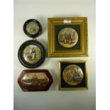 Five framed Victorian Prattware pot lids ' Dr Johnson', ' The Battle of the Nile',