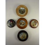 Five small framed Victorian Prattware pot lids, 'Dutch Winter Scene',