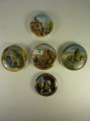 Five Victorian Prattware pot lids 'Uncle Toby', 'Pulling In The Nets',