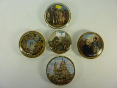 Four Victorian Prattware military related pot lids and one other 'England's pride' (5)