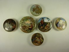 Six Victorian Prattware pot lids, 'Shepherd Boy', 'Volunteers' 'Snap Dragon' and three others.