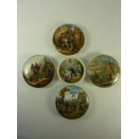 Five Victorian Prattware pot lids 'Blinds Man's Bluff', 'The Wolf & The Lamb',