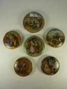 Six Victorian Prattware pot lids, 'On Guard', 'First and Second Appeal' and three others.