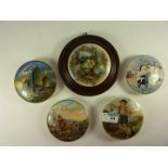 Five Victorian Prattware pot lids, 'Shrimpers', 'Seashells', 'Landing the Fare' and two others.
