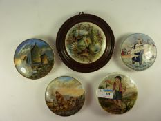 Five Victorian Prattware pot lids, 'Shrimpers', 'Seashells', 'Landing the Fare' and two others.