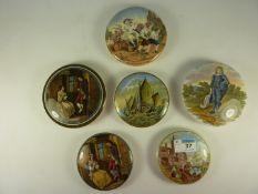 Six Victorian Prattware pot lids, two variations of the 'First Appeal',