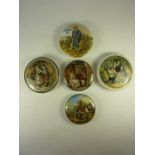 Five Victorian Prattware pot lids, 'A Fix', 'Blue Boy', ' I see you my Boy' and two others.