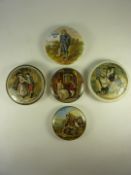 Five Victorian Prattware pot lids, 'A Fix', 'Blue Boy', ' I see you my Boy' and two others.