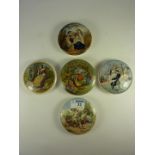 Five Victorian Prattware pot lids, 'Landing The Fare', 'The Listener', 'Charity' and two others.