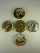 Five Victorian Prattware pot lids, 'Landing The Fare', 'The Listener', 'Charity' and two others.
