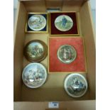 Six Victorian Prattware pot lids, ' I See you my Boy', 'A FIx', 'Second Appeal' ,