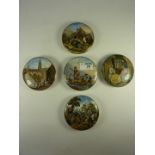 Five Victorian Prattware pot lids, 'Shrimpers', 'Strasbourg Street Scene' and three others.