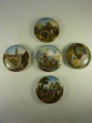 Five Victorian Prattware pot lids, 'Shrimpers', 'Strasbourg Street Scene' and three others.