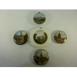 Five Victorian Prattware topographical pot lids - 'Drayton Manor' , 'Albert Memorial',