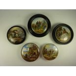 Five Victorian Prattware pot lids,three framed.