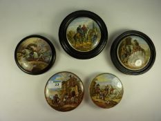 Five Victorian Prattware pot lids,three framed.