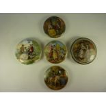 Five Victorian Prattware pot lids, 'First Appeal', 'Second Appeal', 'The Cavalier' and two others.