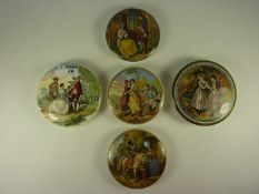 Five Victorian Prattware pot lids, 'First Appeal', 'Second Appeal', 'The Cavalier' and two others.