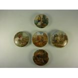 Five Victorian Prattware pot lids depicting hunting scenes 'The Sportsman',