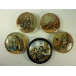 Five Victorian Prattware pot lids, 'The Enthusiast', 'Uncle Toby', 'Youth & Age',