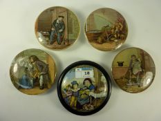 Five Victorian Prattware pot lids, 'The Enthusiast', 'Uncle Toby', 'Youth & Age',