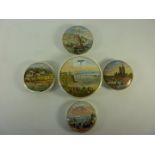 Five Victorian Prattware topographical pot lids - 'Margate', 'Thames Embankment,