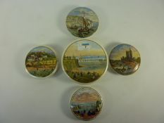 Five Victorian Prattware topographical pot lids - 'Margate', 'Thames Embankment,