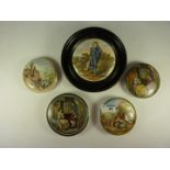 Five Victorian Prattware pot lids, 'Blue Boy', 'I see You my Boy' and three others.