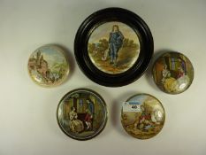 Five Victorian Prattware pot lids, 'Blue Boy', 'I see You my Boy' and three others.