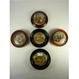 Five Victorian Prattware framed pot lids, 'A Letter from the Diggings', 'The Rivals',
