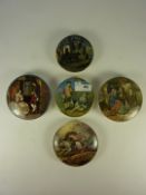 Five Victorian Prattware pot lids 'Persuasion', 'Tam O' Shanter',