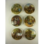Six Victorian Prattware pot lids, ' The Times', 'Hide and Seek', 'The Cavalier' and three others.