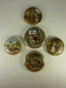 Five Victorian Prattware pot lids, 'A Fix', 'Cheers', 'The Children of Flora' and two others.