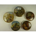 Five Victorian Prattware pot lids, 'The Enthusiast', 'Pulling in the Nets', 'Picnic' and two others.