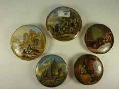 Five Victorian Prattware pot lids, 'The Enthusiast', 'Pulling in the Nets', 'Picnic' and two others.